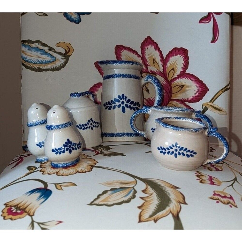 Vintage Loomco China Stoneware Blue Heart Small Coffee Tea‎ Ceramic Set of 6